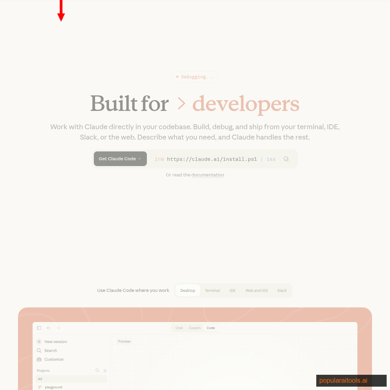 Claude Code product page showing the terminal-based AI coding workflow that can read and write extension files directly