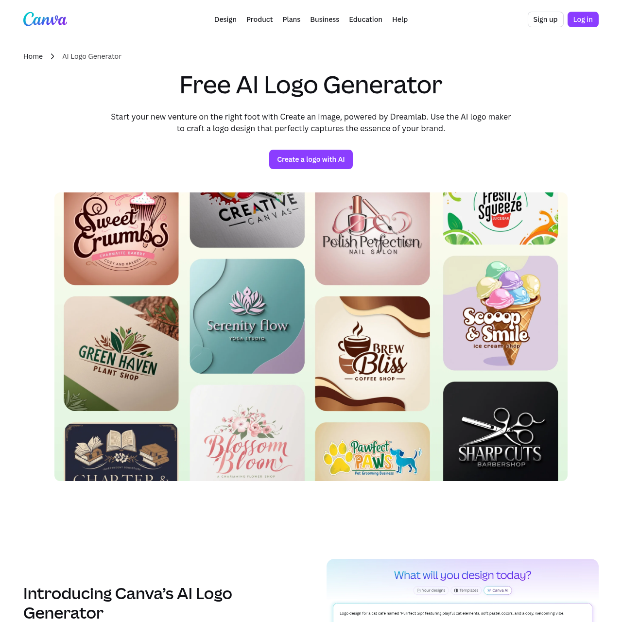 Canva AI Logo Generator page powered by Dream Lab with style options for 3D Render, Graphic Design Vector, Illustration, Sketch B&W, and Sketch Color
