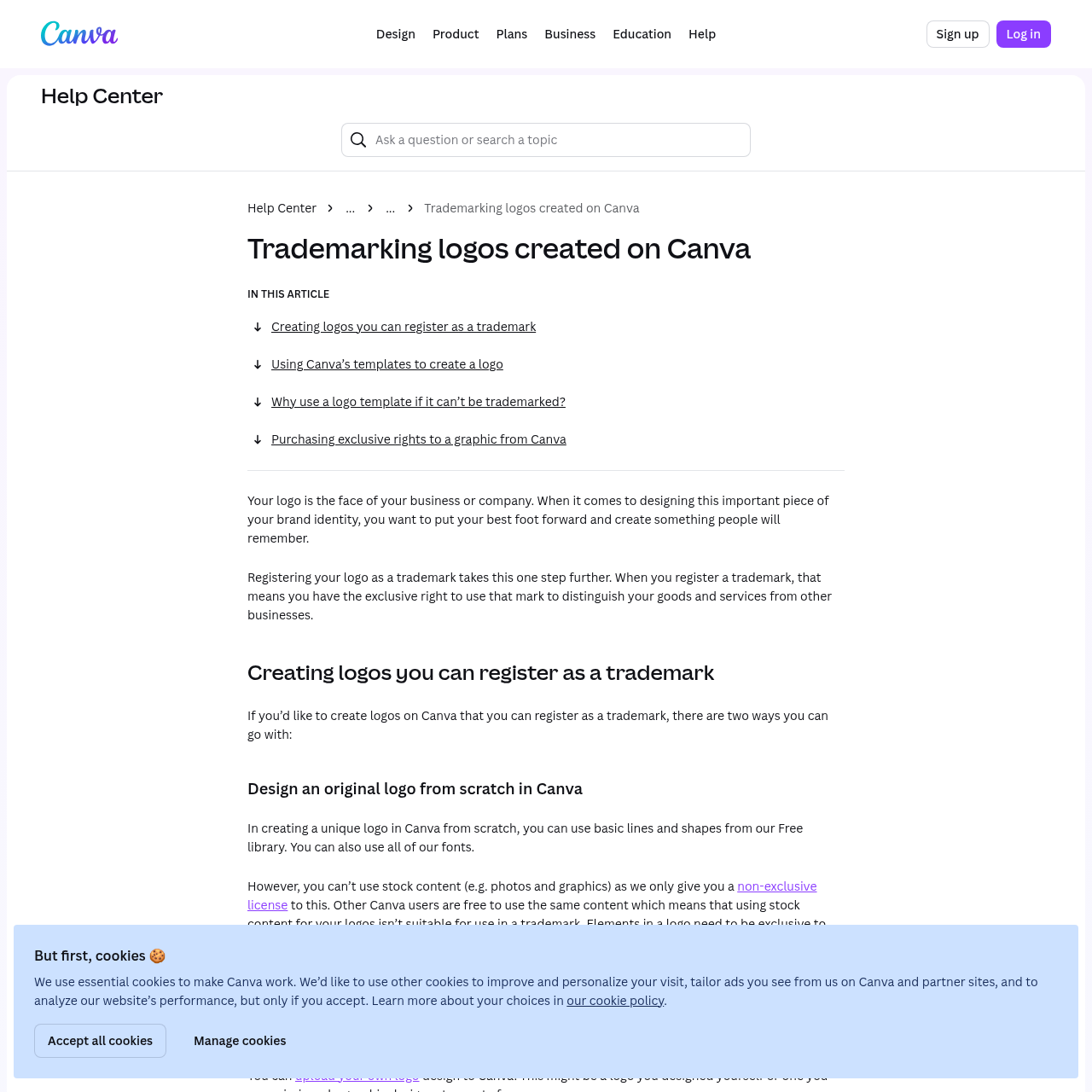 Canva help center page explaining trademark restrictions on Canva logos
