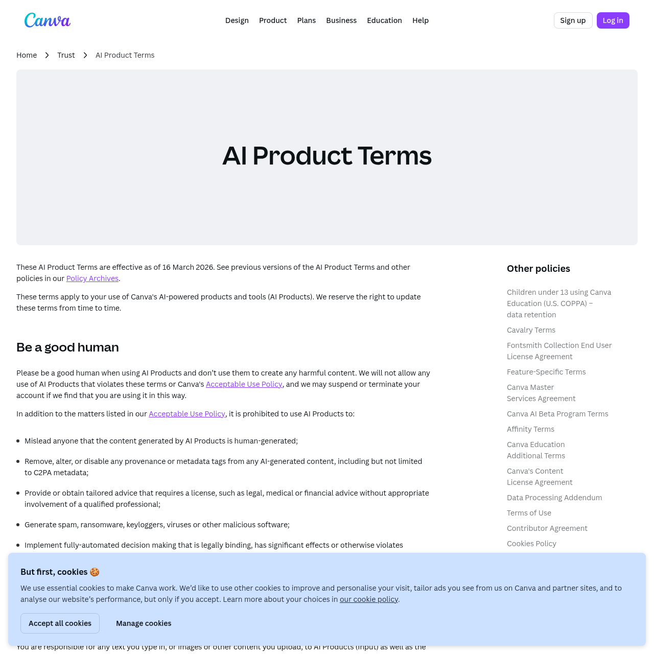 Canva AI Product Terms page showing the AI-Generated Audio clause that forbids standalone export
