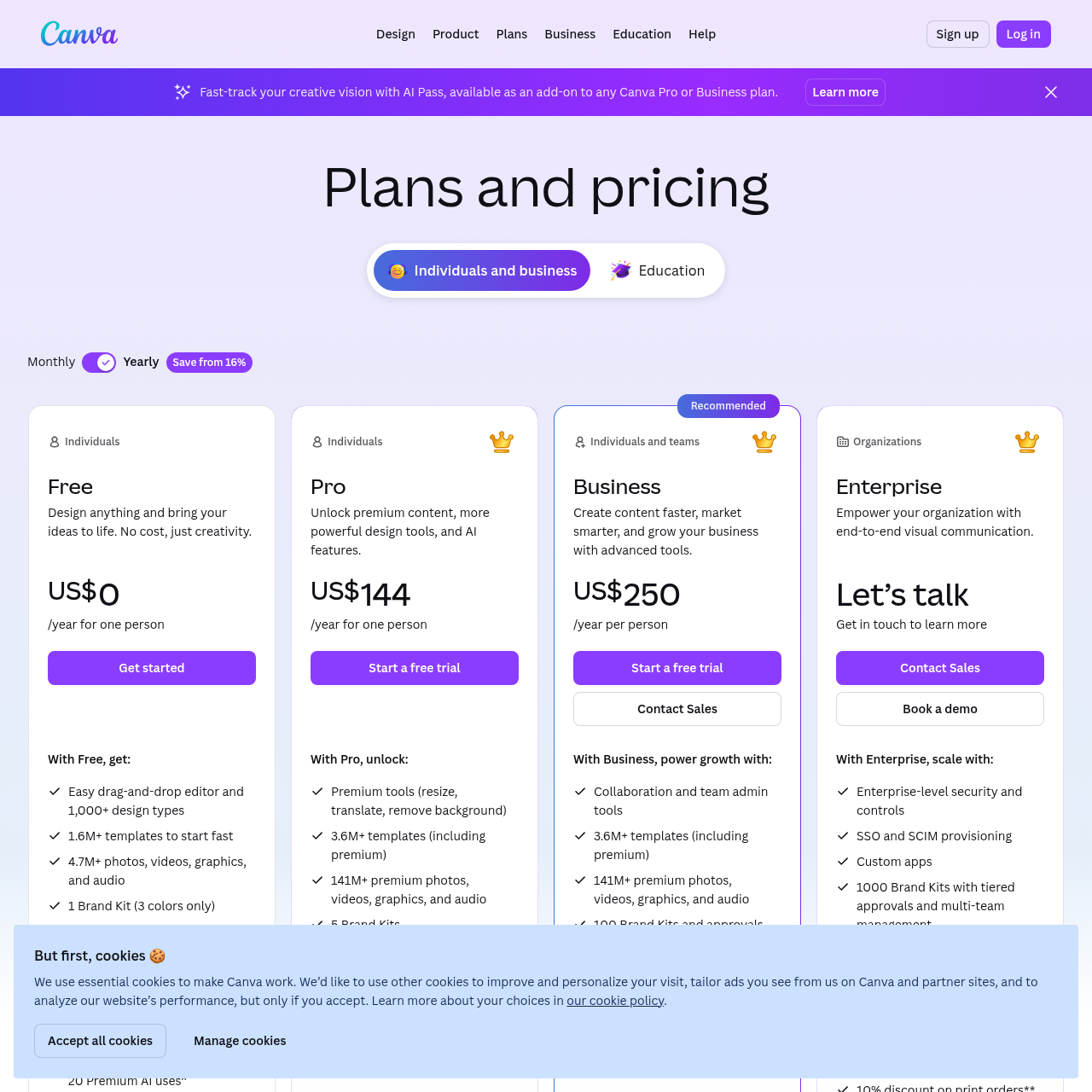 Canva pricing page showing Free, Pro $12/mo, and Business $20.83/mo annual tiers