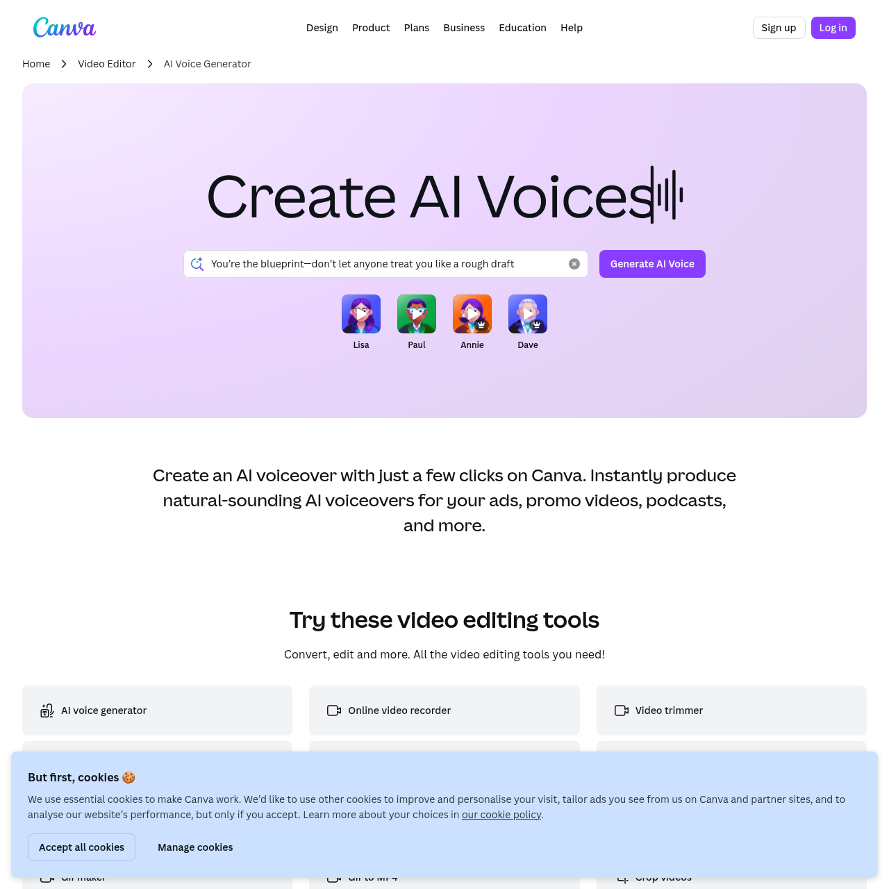 Canva AI Voice Generator feature page — the marketing surface for the in-editor voiceover tool