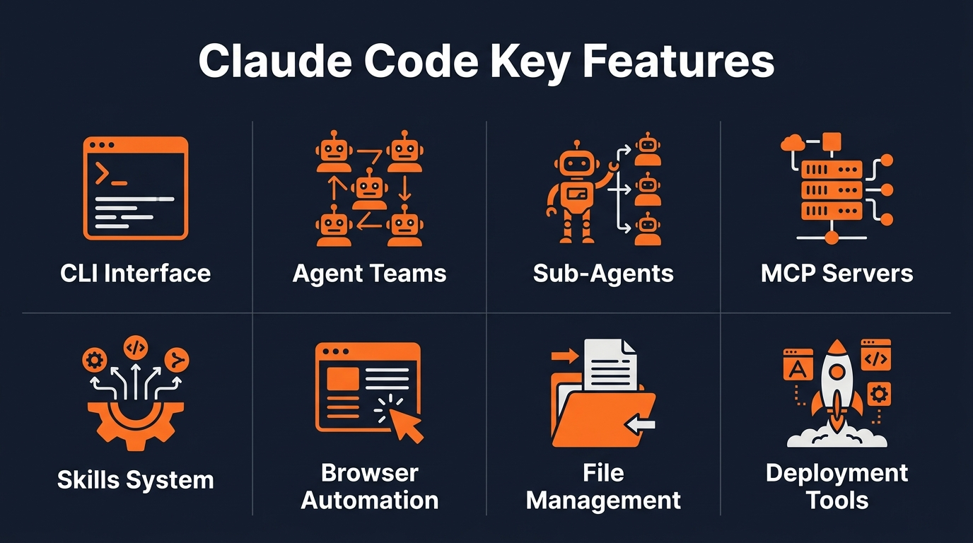 Claude Code core features: Skills, MCP, Agents, Browser, Deployment