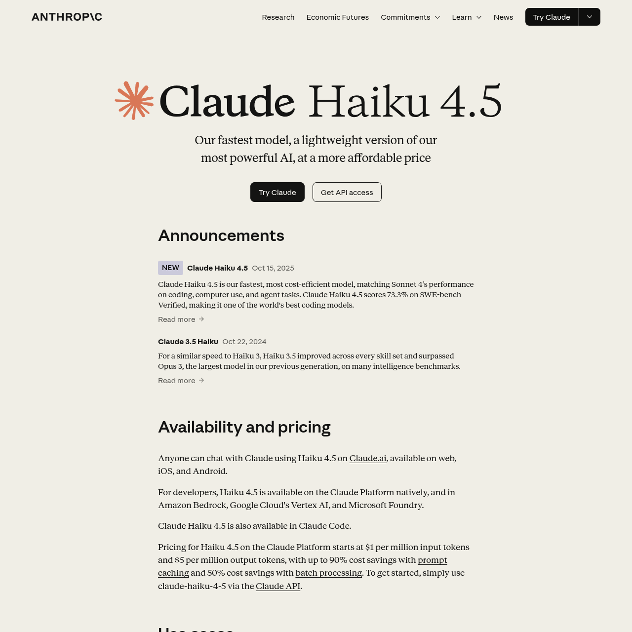 Anthropic Claude Haiku model page