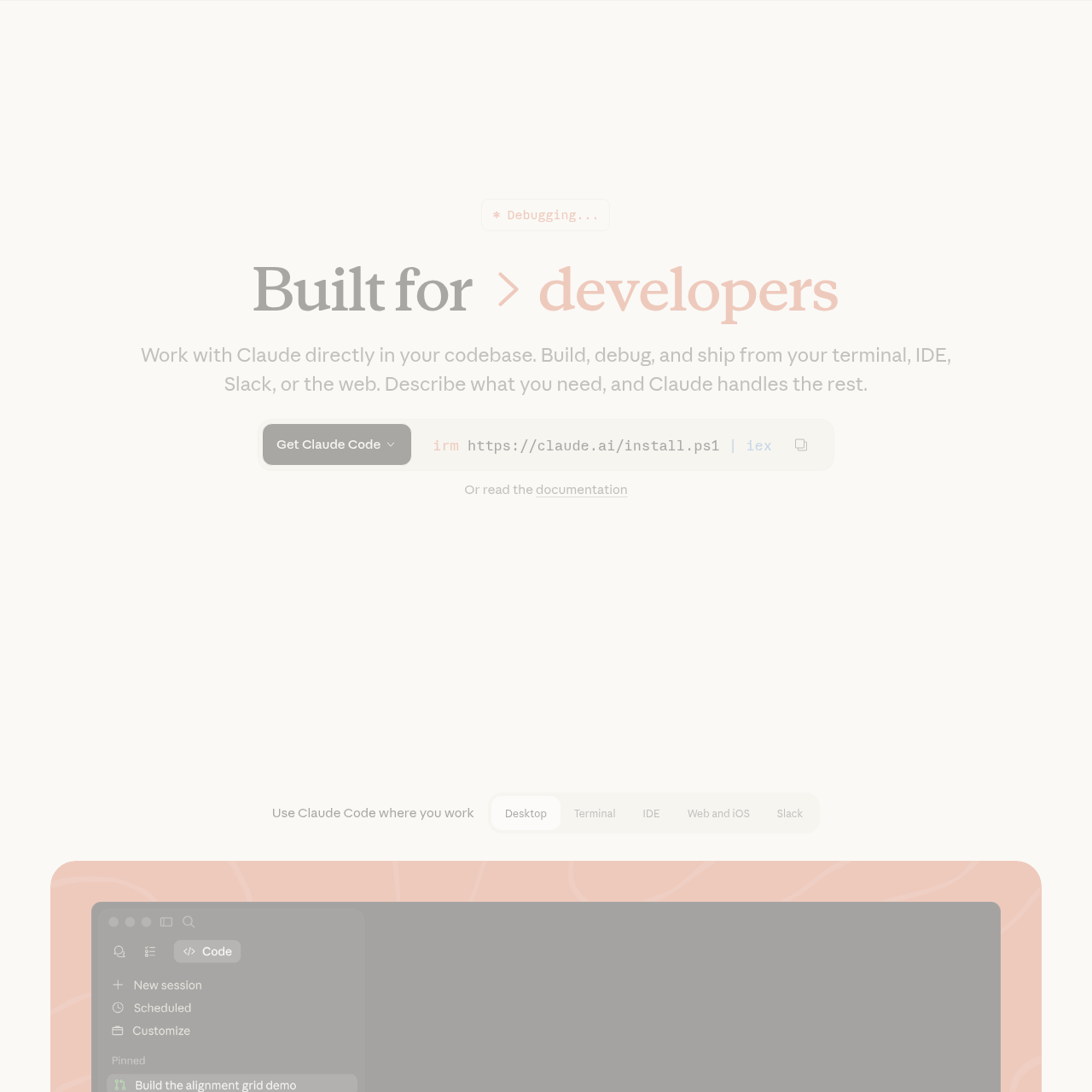 Claude Code marketing page showing the terminal-first design philosophy