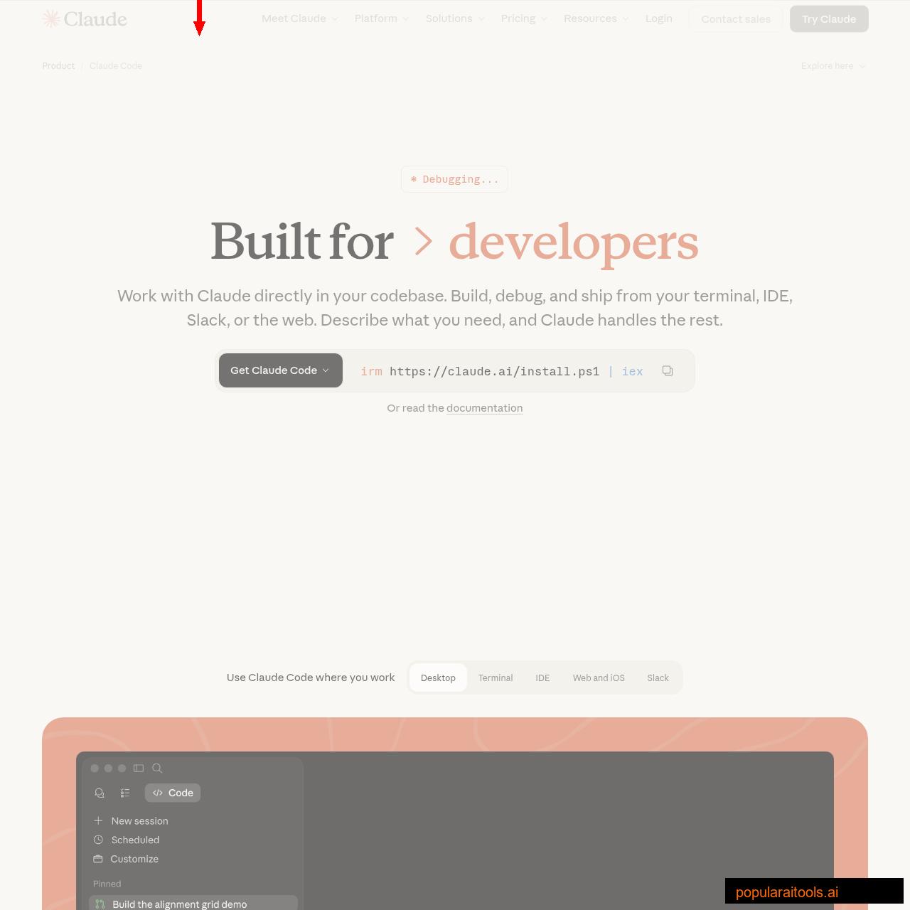 Claude Code landing page showing the CLI tool interface