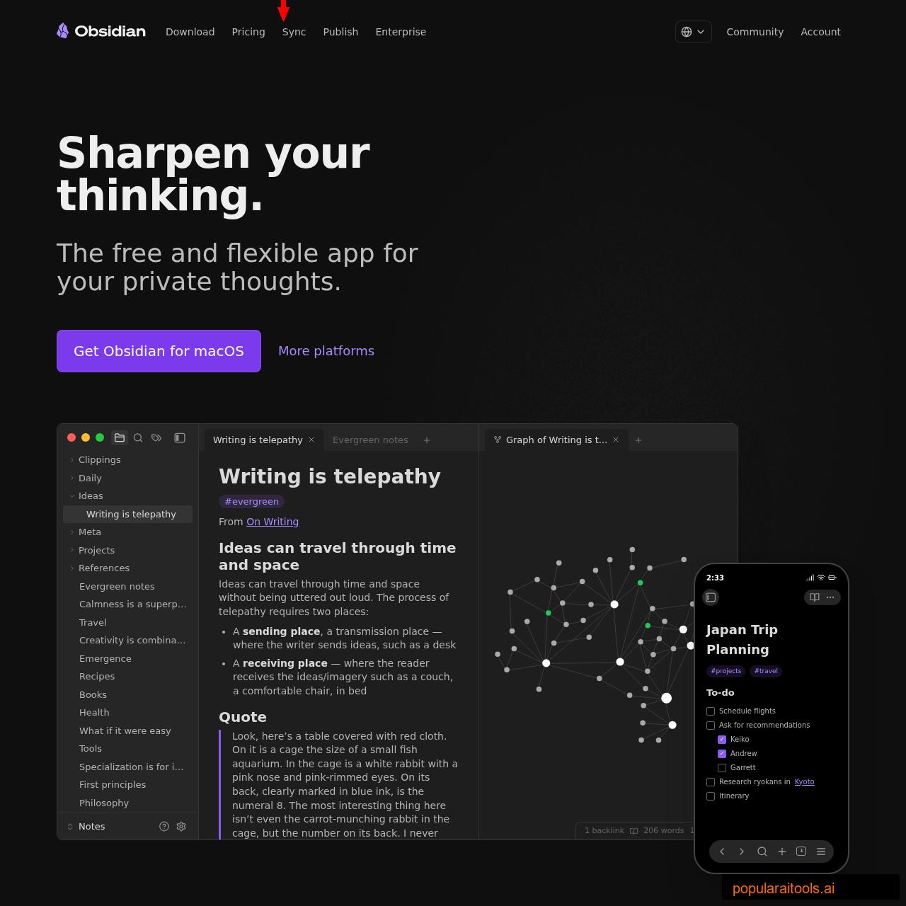 Obsidian homepage showing the note-taking application with graph view