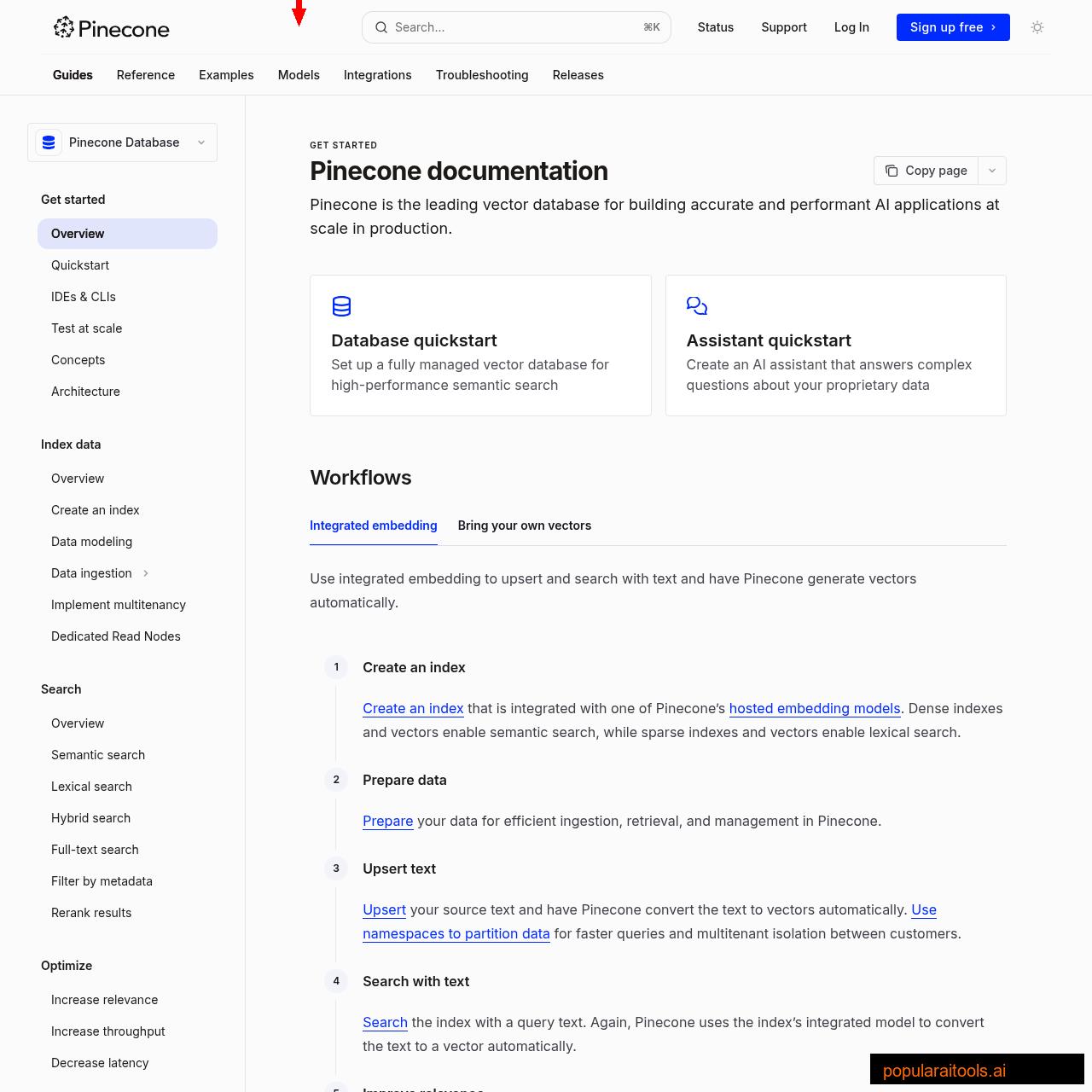 Pinecone documentation showing the vector database setup and configuration