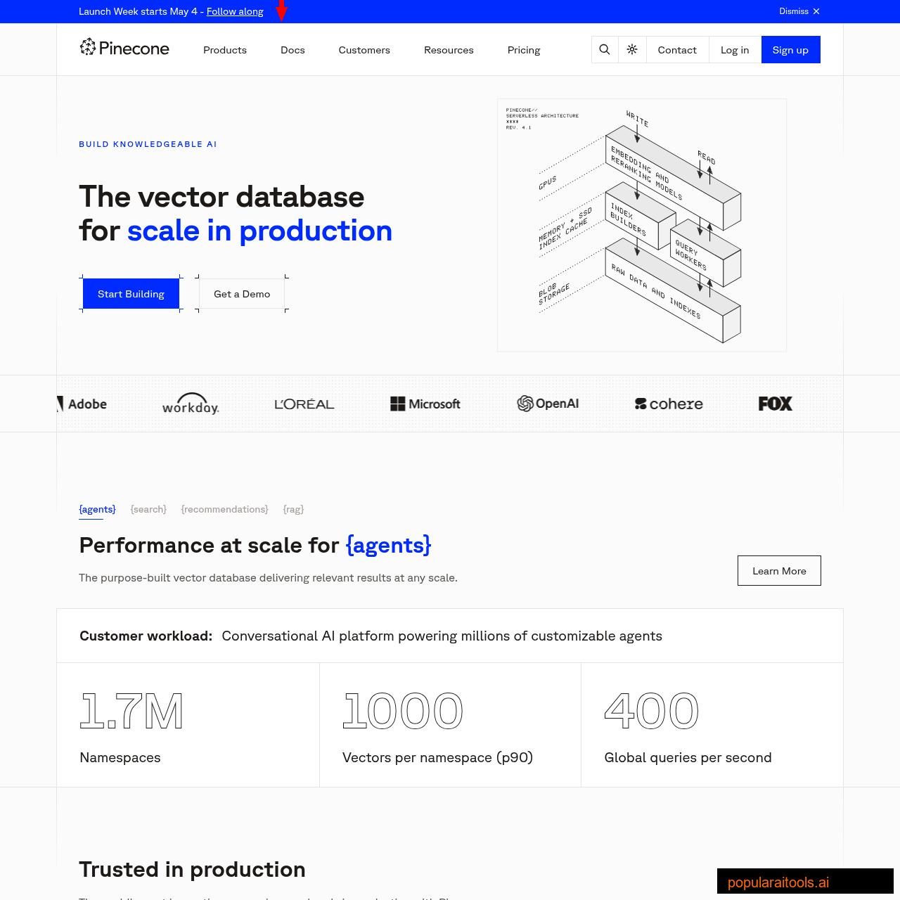 Pinecone vector database homepage showing the knowledge infrastructure platform