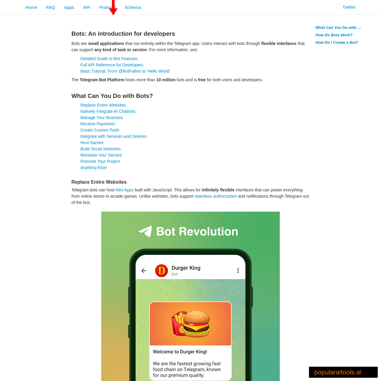 Telegram Bot API documentation page at core.telegram.org