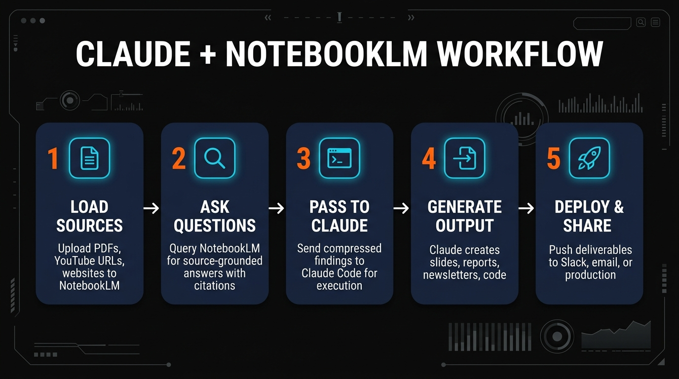 5-step workflow pipeline showing sources to NotebookLM to Claude Code to output to deployment