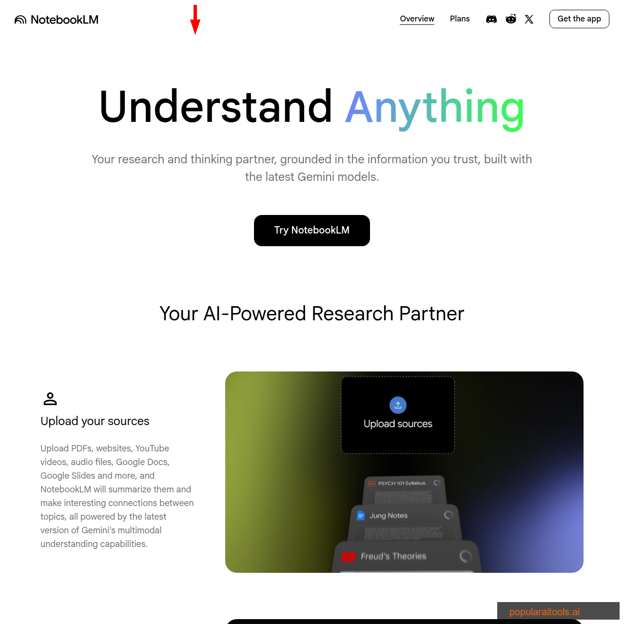Google NotebookLM homepage showing source-grounded AI research assistant interface