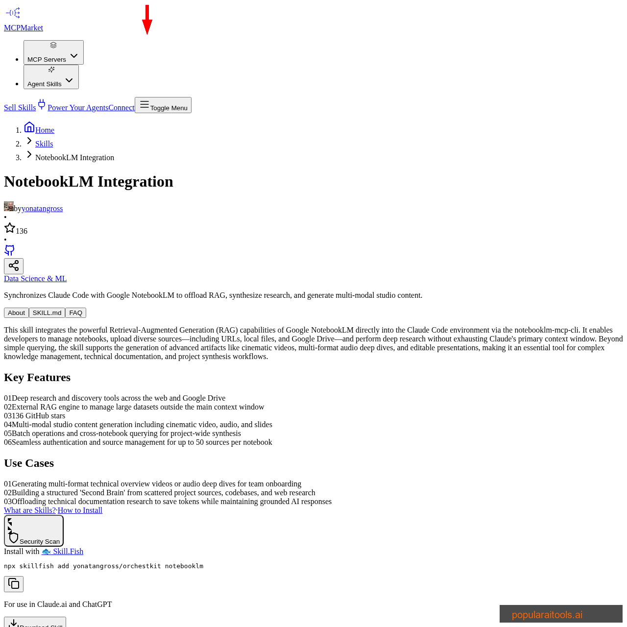 NotebookLM integration skill on MCP Market showing 136 GitHub stars and key features