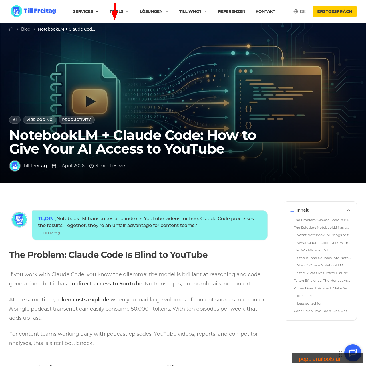 Blog article showing detailed Claude Code plus NotebookLM workflow with step-by-step instructions