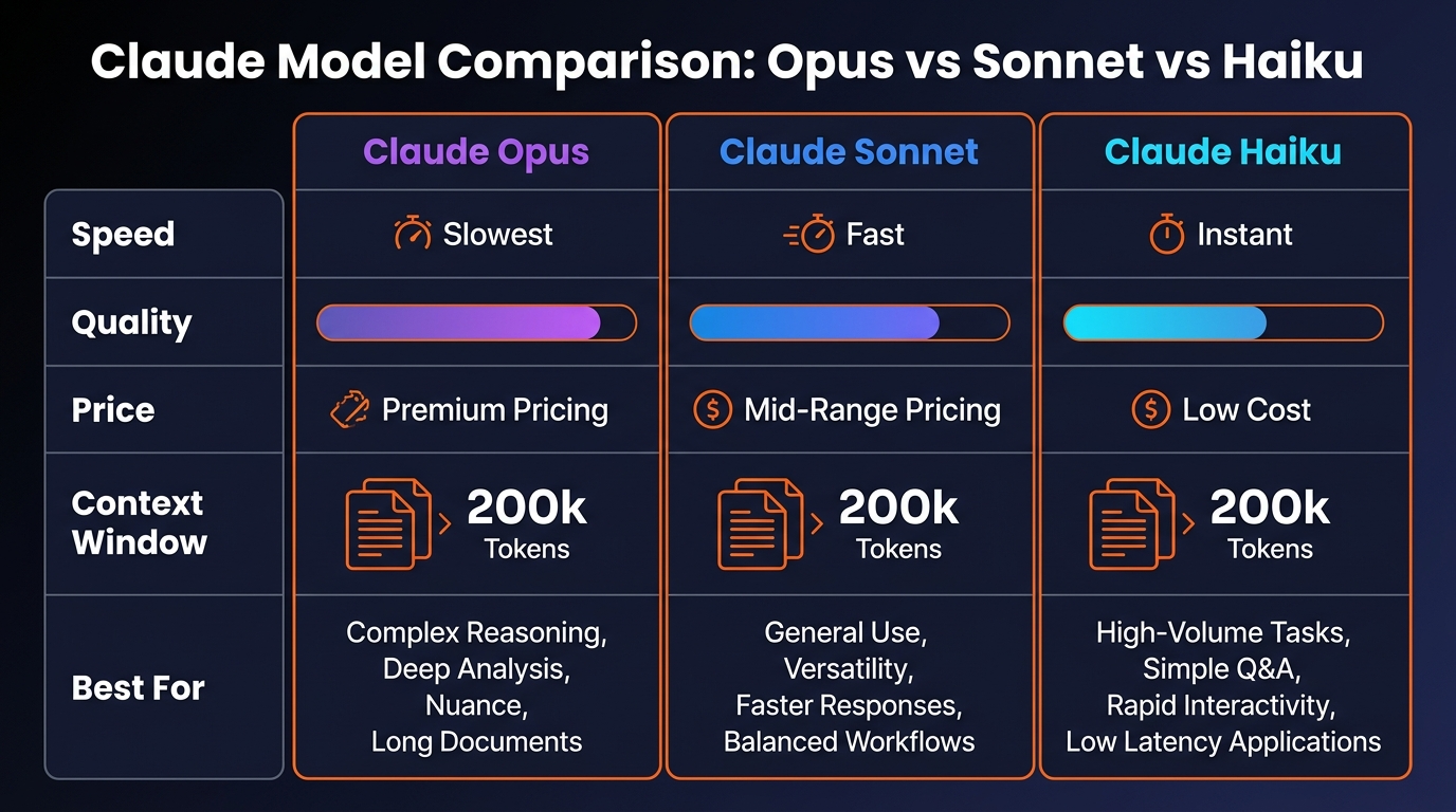 Claude model comparison chart showing Opus vs Sonnet vs Haiku capabilities