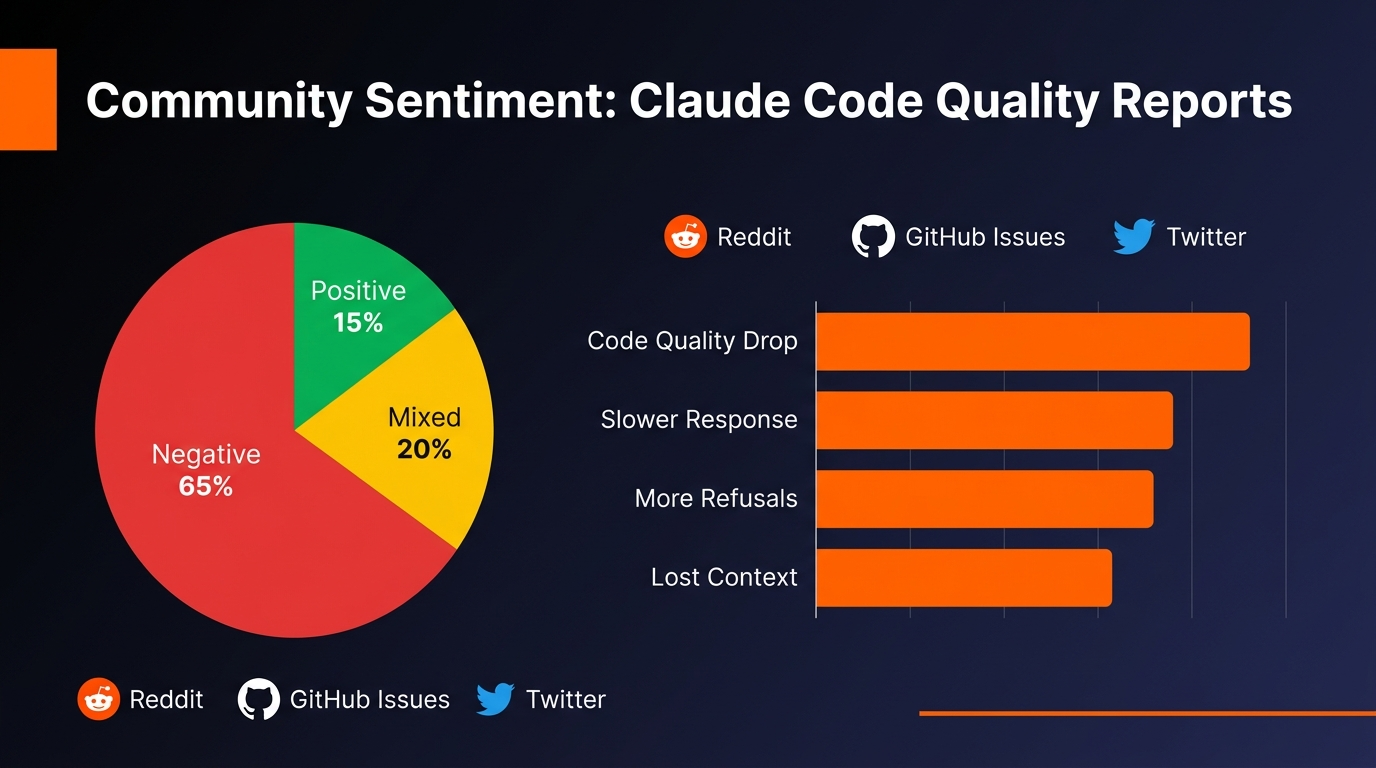 Community sentiment analysis showing 65% negative reports about Claude Code quality