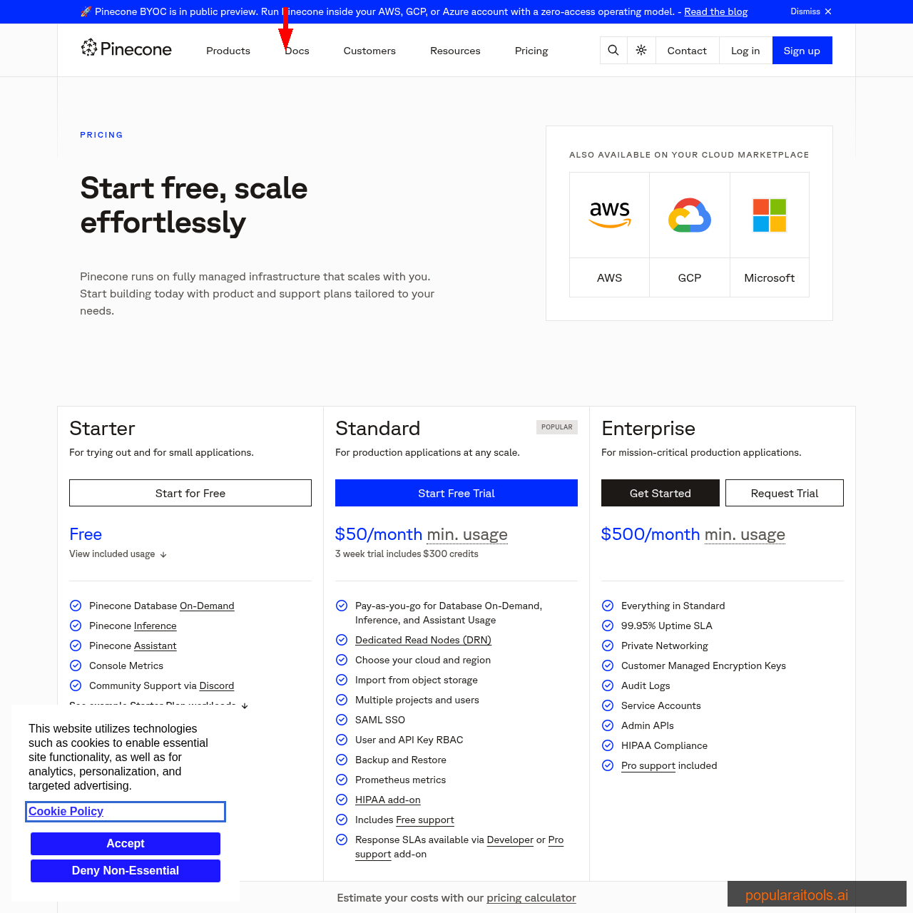 Pinecone pricing showing free Starter tier, Standard at 50 dollars per month, and Enterprise at 500 dollars per month
