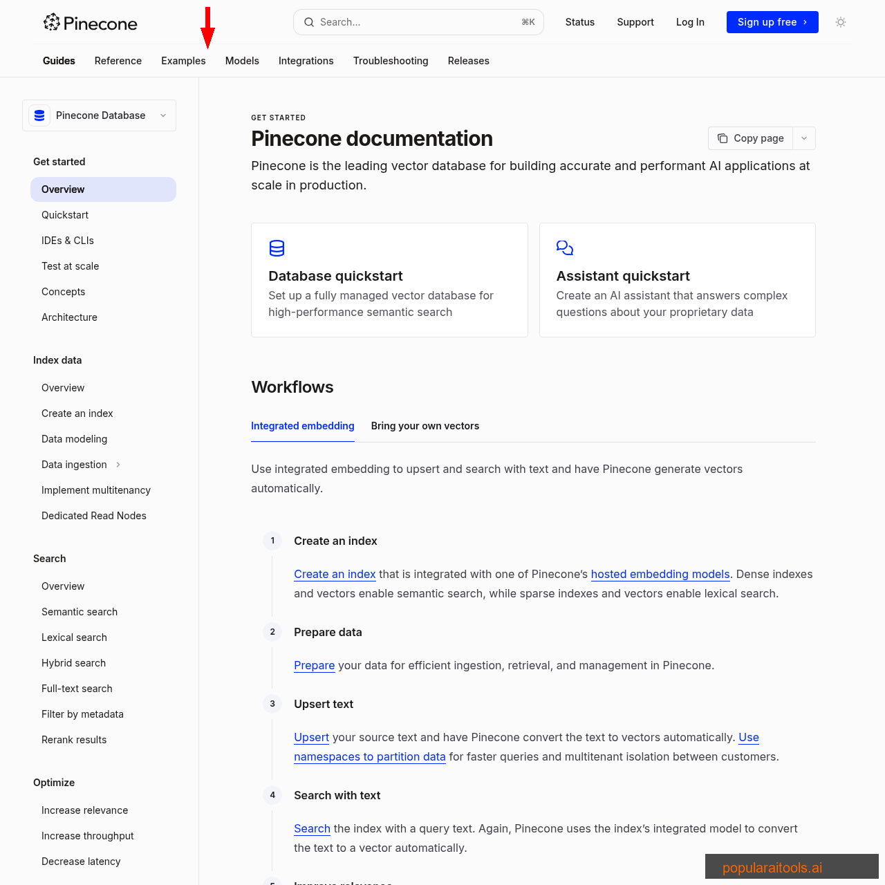 Pinecone quickstart documentation showing how to create an index, upsert vectors, and query for similar results