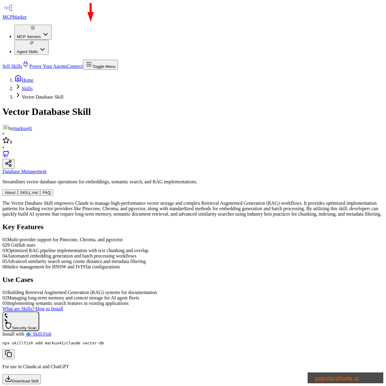 Vector Database Claude Code Skill on MCP Market supporting Pinecone, Chroma, and pgvector for semantic search and RAG