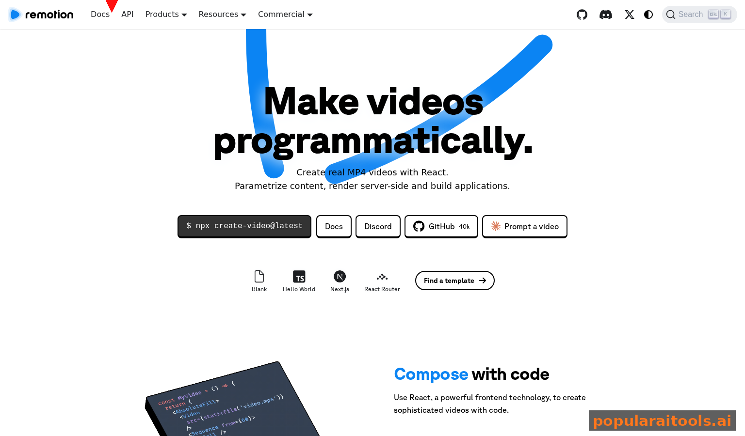 Remotion.dev homepage showcasing the programmatic video creation framework