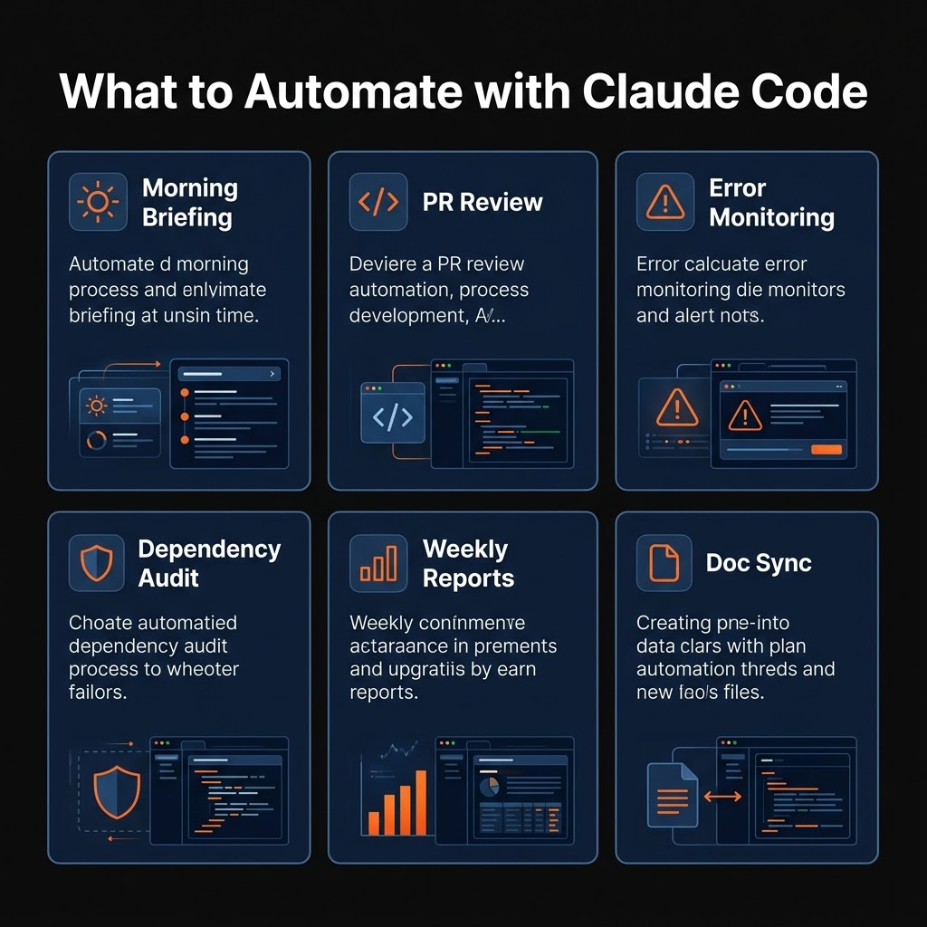 Infographic showing 6 automation use cases for Claude Code: Morning Briefing, PR Review, Error Monitoring, Dependency Audit, Weekly Reports, Doc Sync