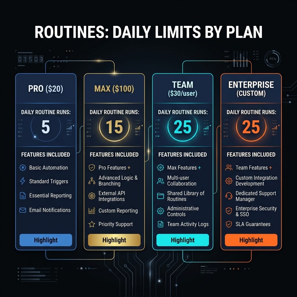 Infographic showing Claude Code plan limits for scheduled routines: Pro 5/day, Max 15/day, Team 25/day, Enterprise 25/day