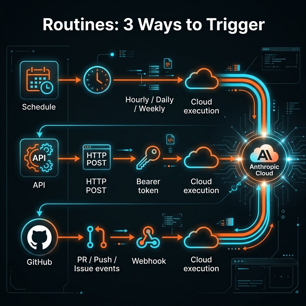 Infographic showing three Claude Code Routines trigger types: Schedule, API, and GitHub webhooks converging to Anthropic Cloud