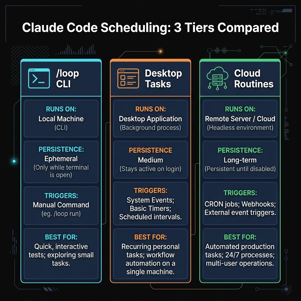 Infographic comparing Claude Code three scheduling tiers: /loop CLI, Desktop Scheduled Tasks, and Cloud Routines side by side