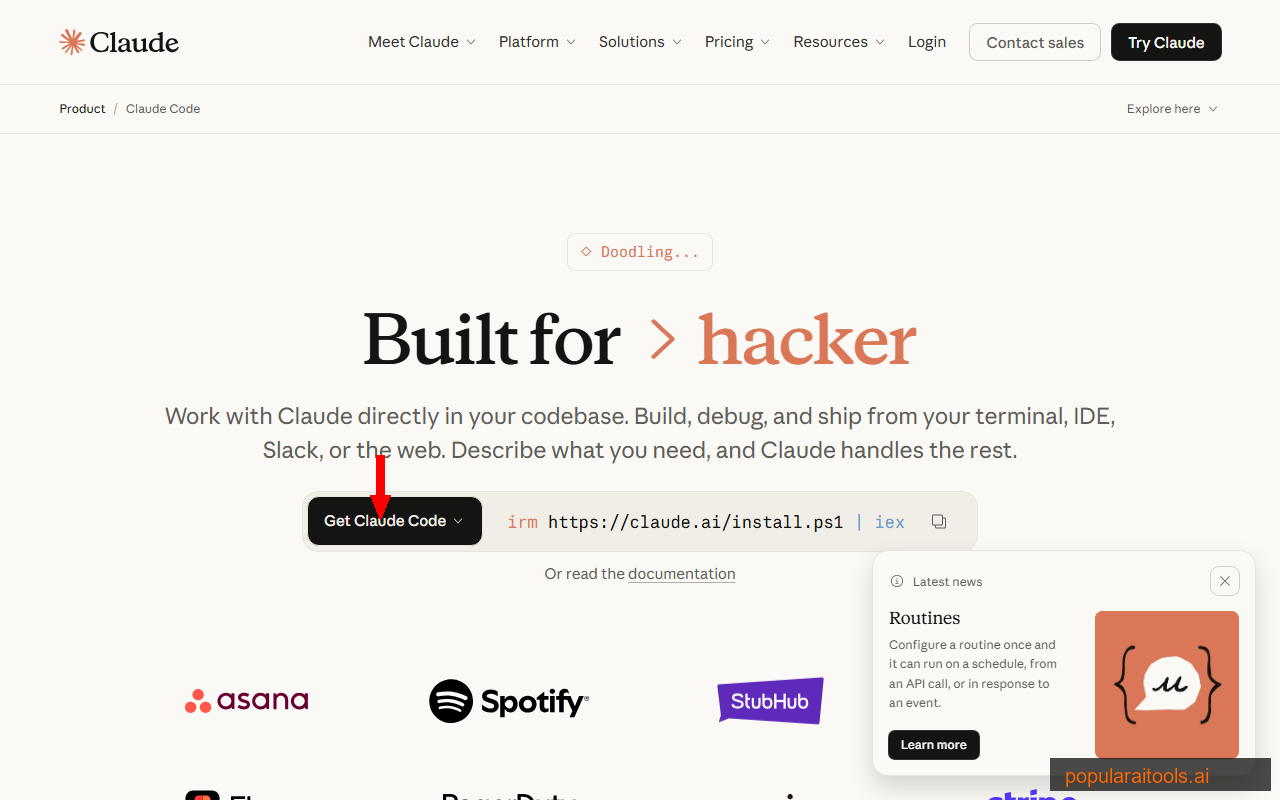 Anthropic Claude Code product page showing the Routines announcement popup and install command