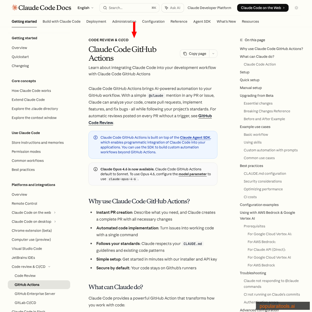 Claude Code GitHub Actions integration documentation showing how to combine Routines with CI/CD pipelines
