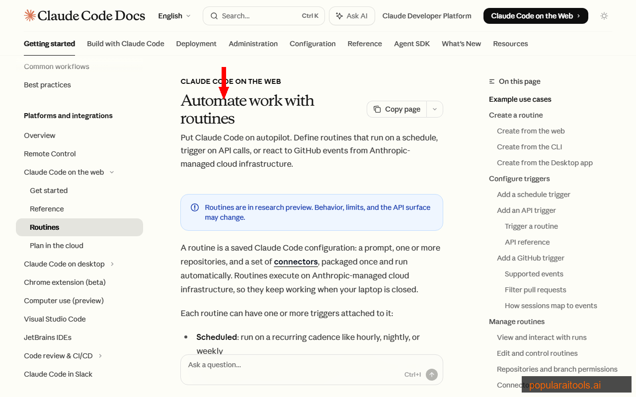 Claude Code Routines documentation showing how to automate work with routines including schedule triggers, API calls, and GitHub webhooks