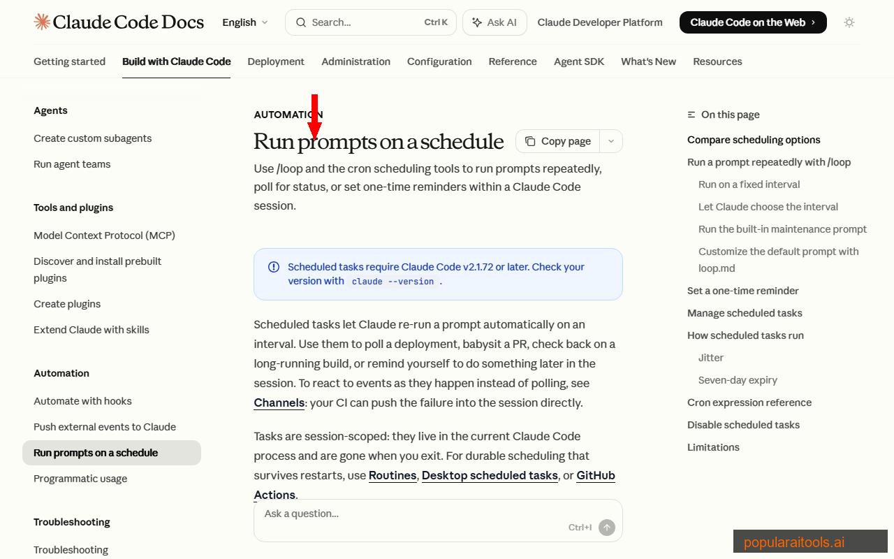 Claude Code Scheduled Tasks documentation page showing how to run prompts on a schedule with cron and desktop scheduling tools