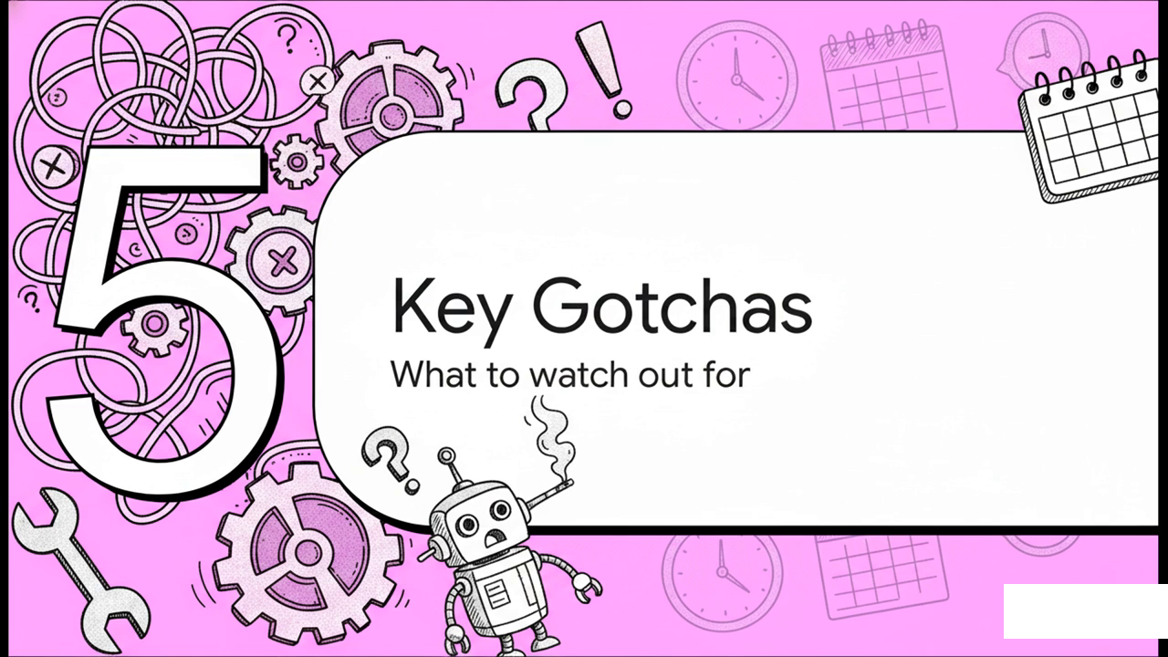 Video overview slide: 5 Key Gotchas — what to watch out for when setting up scheduled tasks