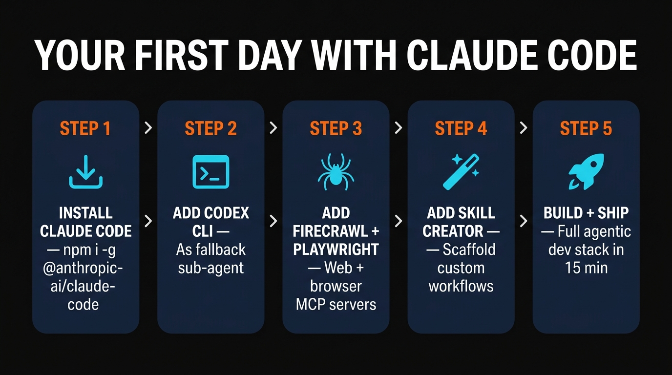 Claude Code day one setup workflow — install Claude Code, add Codex CLI, add Firecrawl and Playwright, add Skill Creator, ship