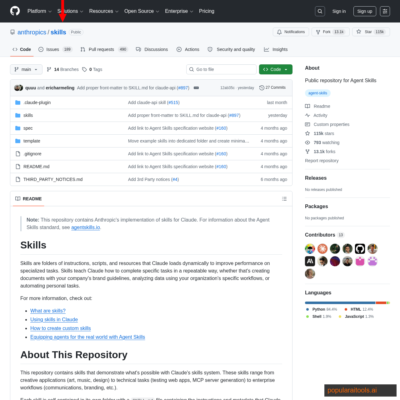 Anthropic skills GitHub repository showing the official skill library including the skill creator