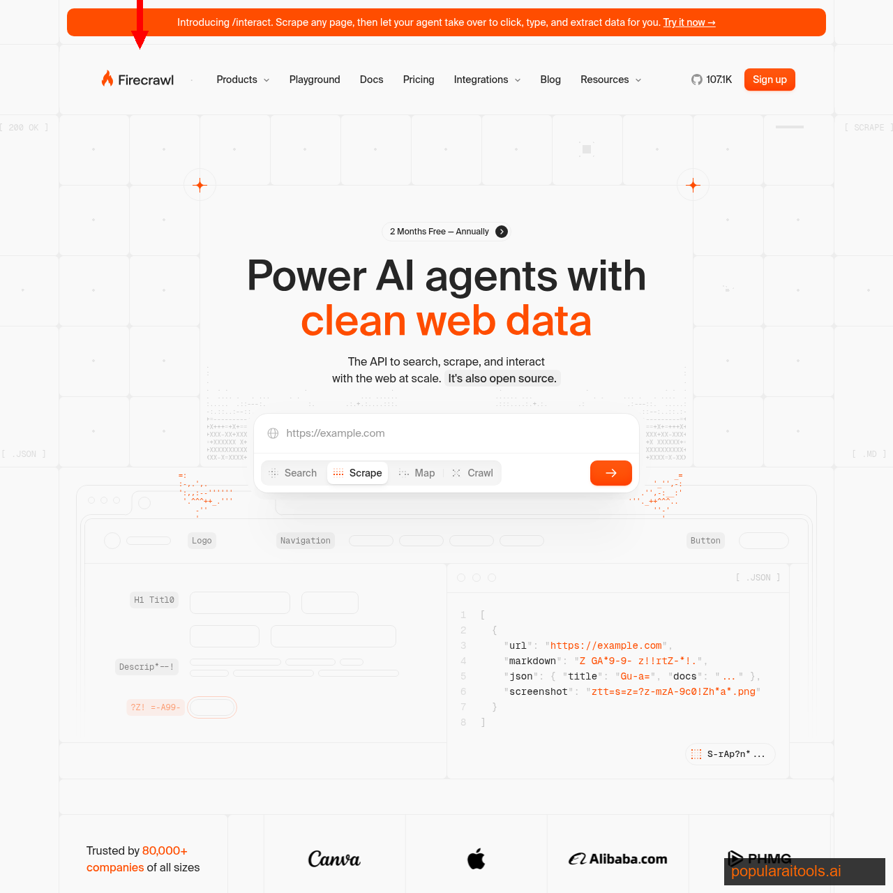 Firecrawl homepage showing the web scraping API that returns clean markdown for AI agents