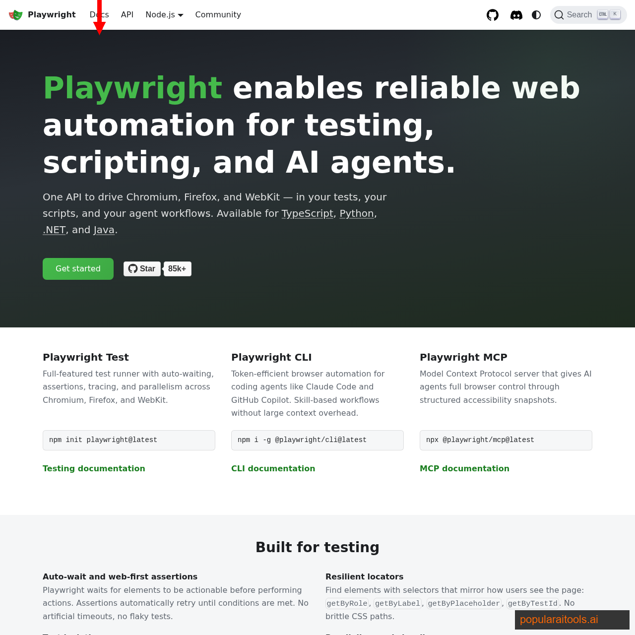 Playwright homepage — the browser automation framework exposed to Claude via MCP