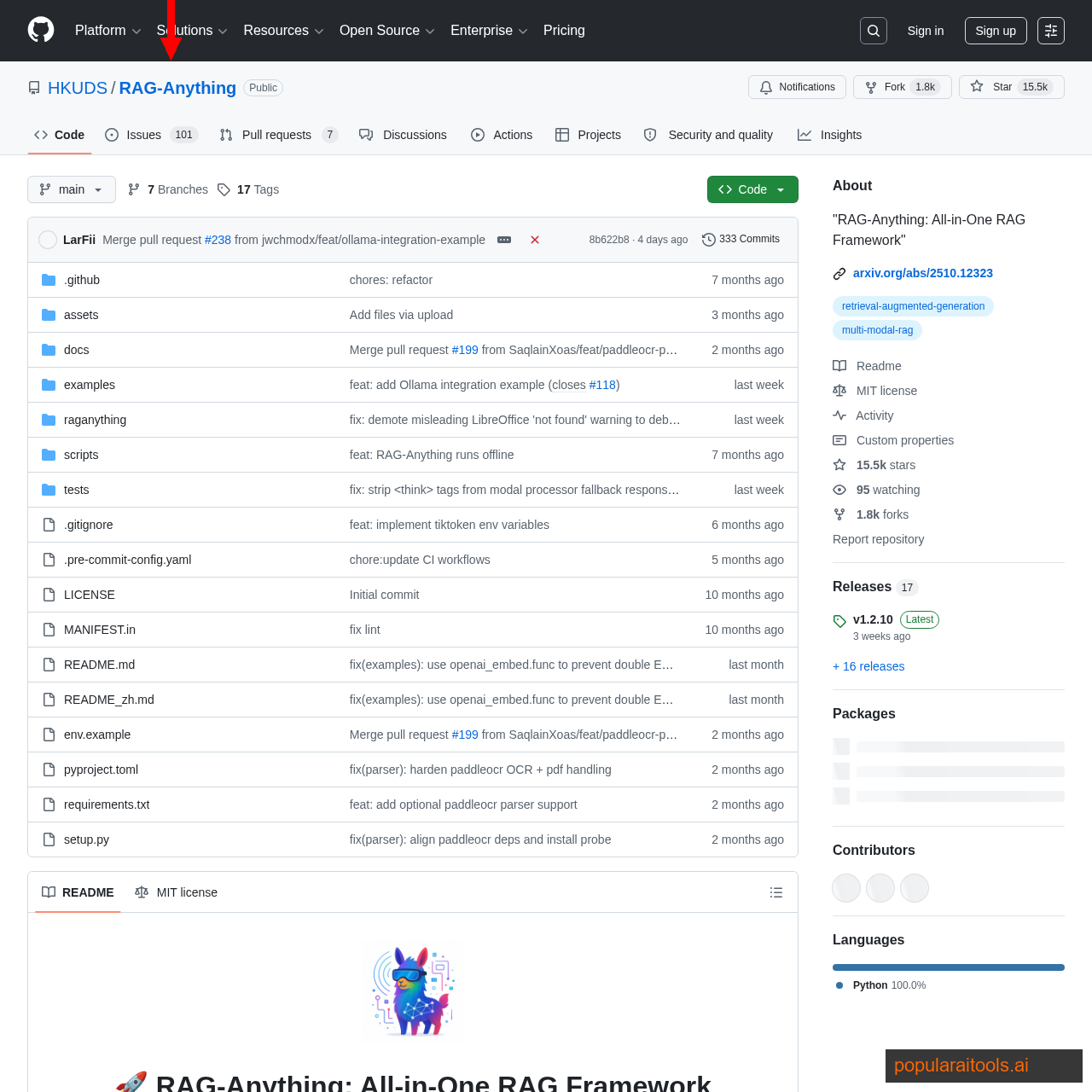 RAG-Anything GitHub repository describing the multimodal retrieval augmented generation framework