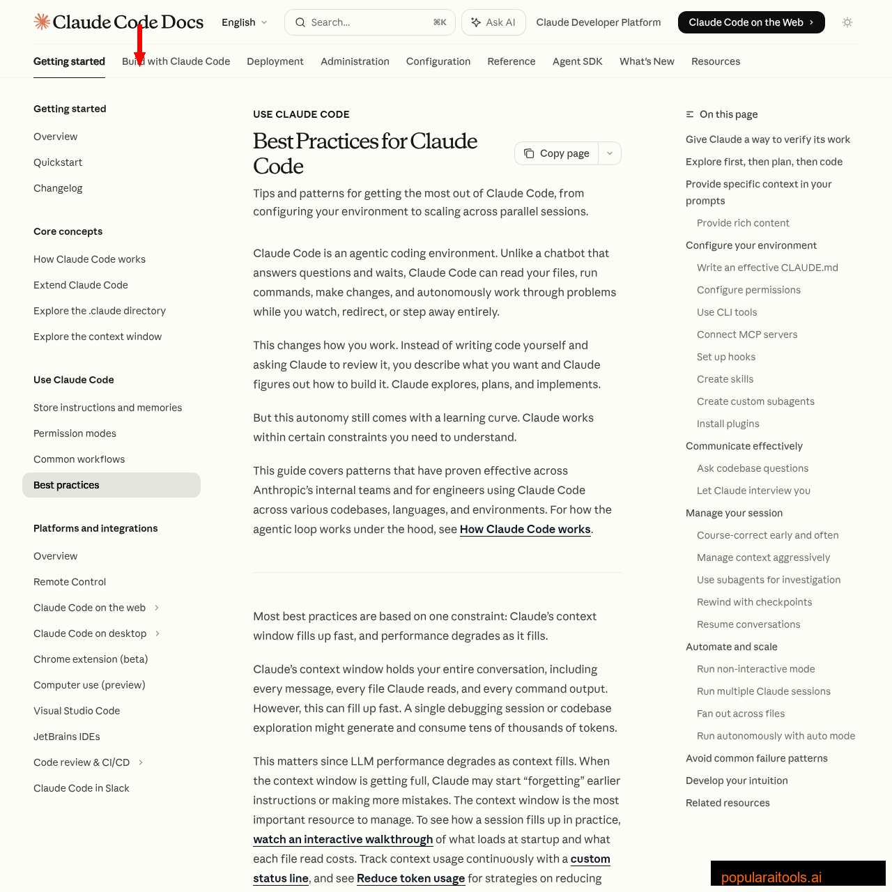 Claude Code best practices documentation page showing recommended workflow patterns