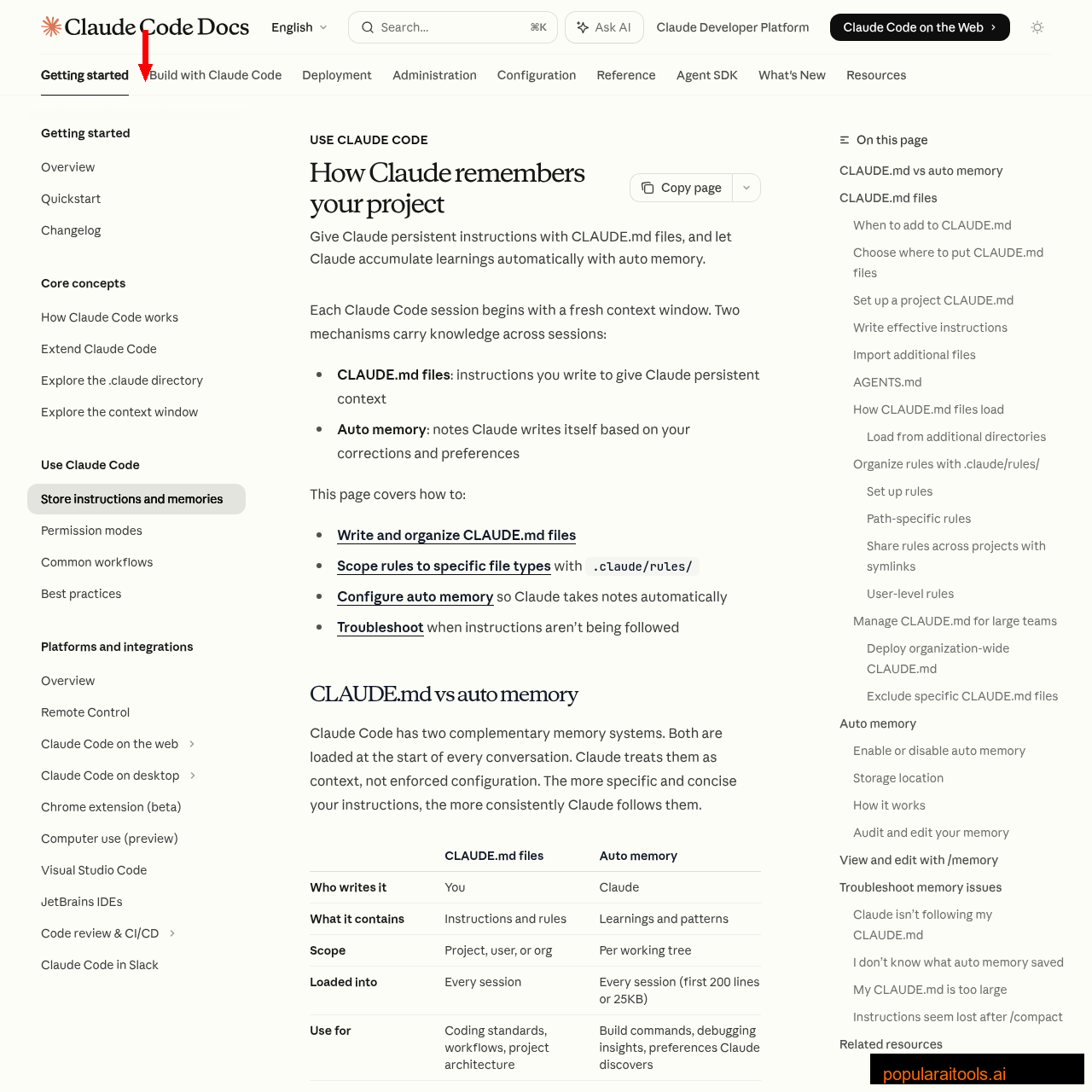 Claude Code memory and instructions documentation showing CLAUDE.md and auto-memory configuration