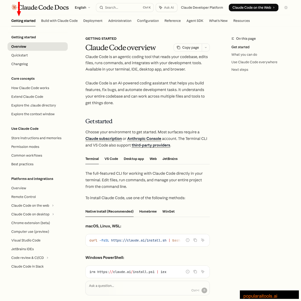 Claude Code documentation overview page showing installation methods and key features