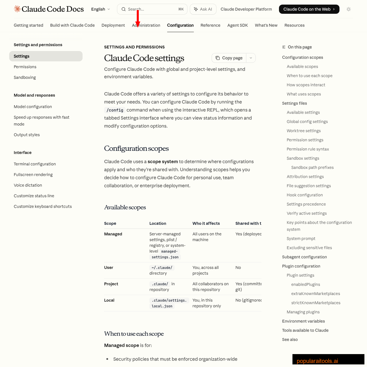 Claude Code settings documentation showing permissions configuration and model routing options