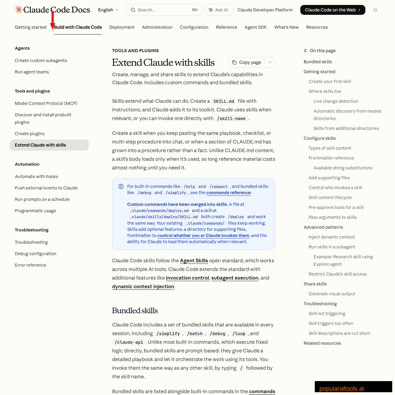 Claude Code skills documentation showing how to create and manage custom skills