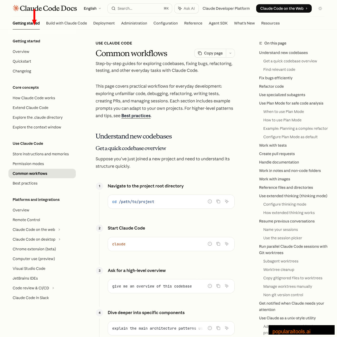 Claude Code common workflows documentation showing parallel development patterns