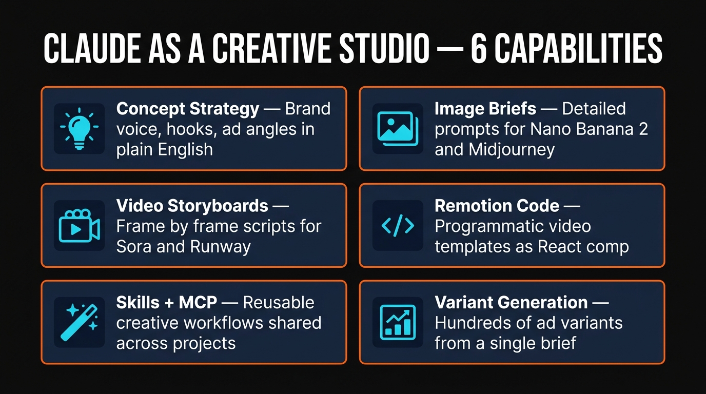 Six capabilities Claude brings to a creative studio — concept strategy, image briefs, video storyboards, Remotion code, skills and MCP, variant generation