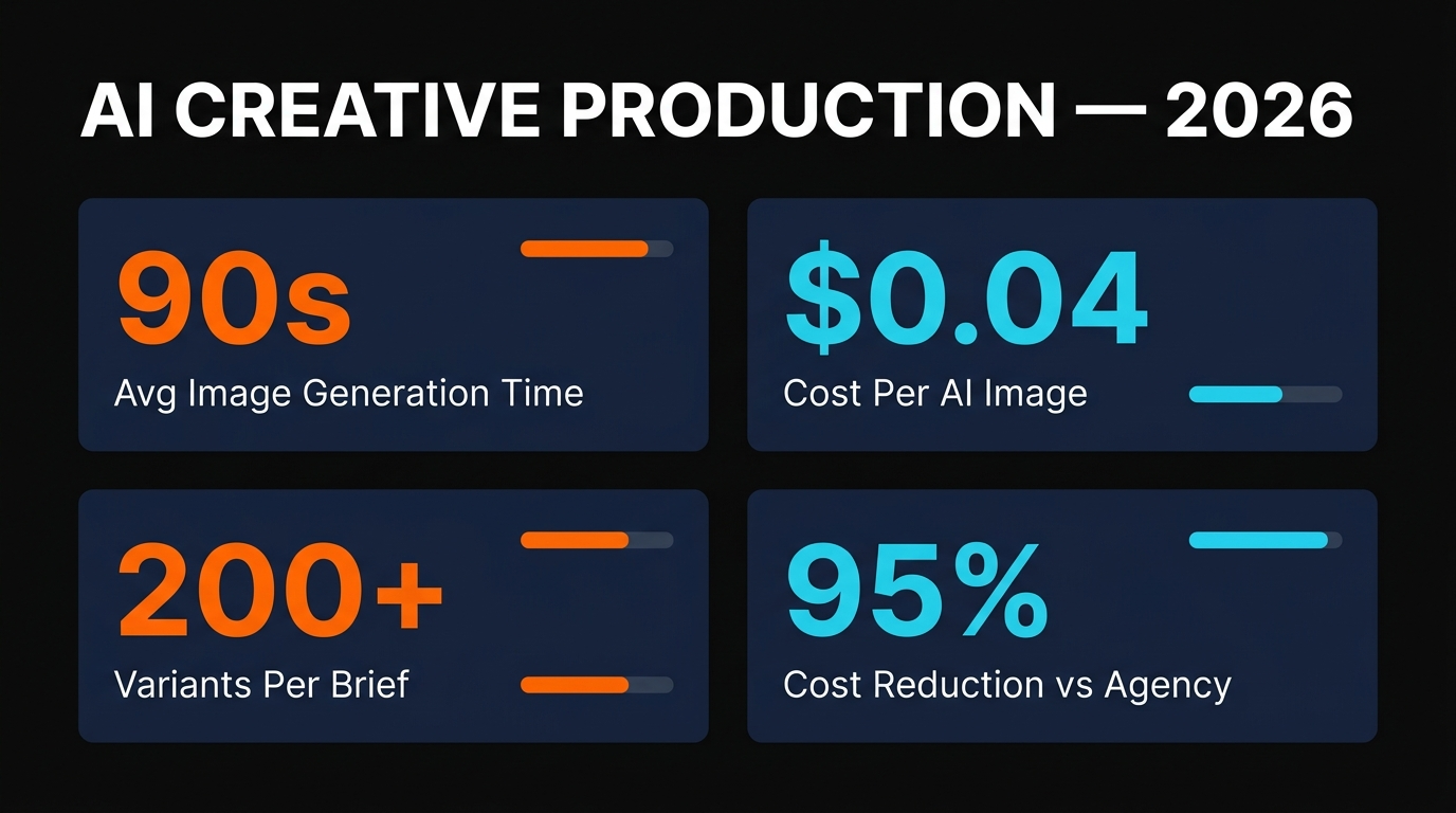 AI creative production by the numbers — 90 second image generation, $0.04 per image, 200 plus variants per brief, 95 percent cost reduction vs agency