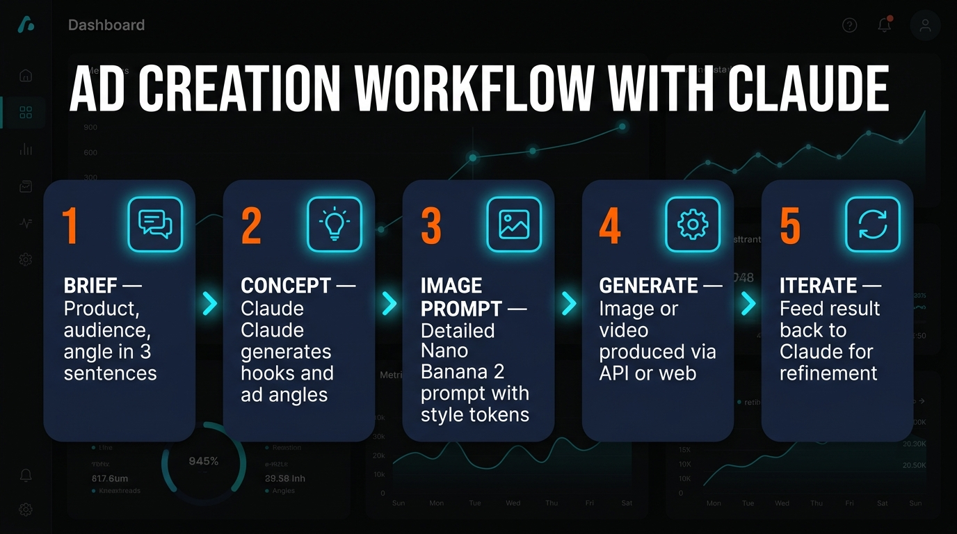 Five-step ad creation workflow with Claude — brief, concept, image prompt, generate, iterate