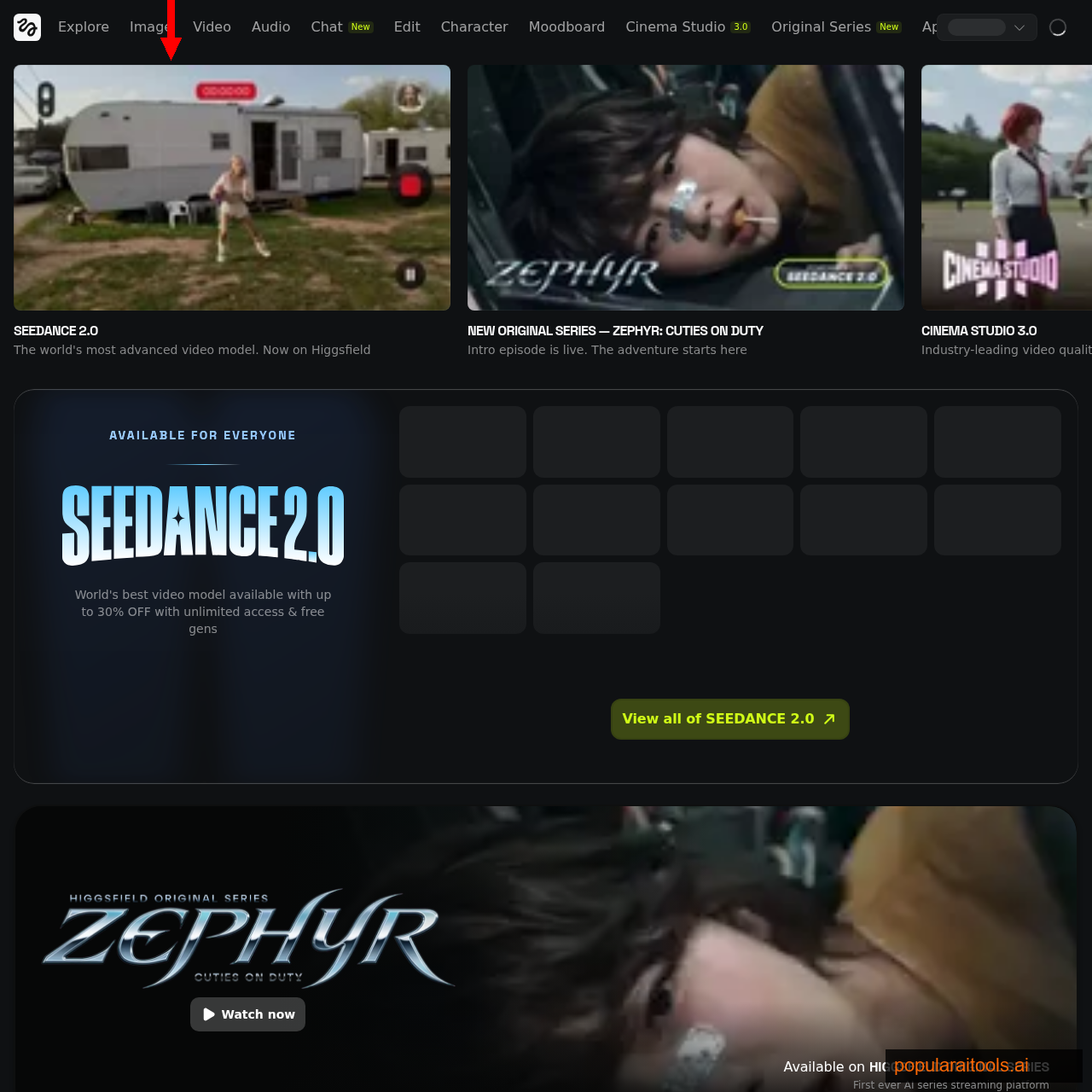 Higgsfield AI homepage showcasing the image-to-video model that turns still frames into cinematic motion