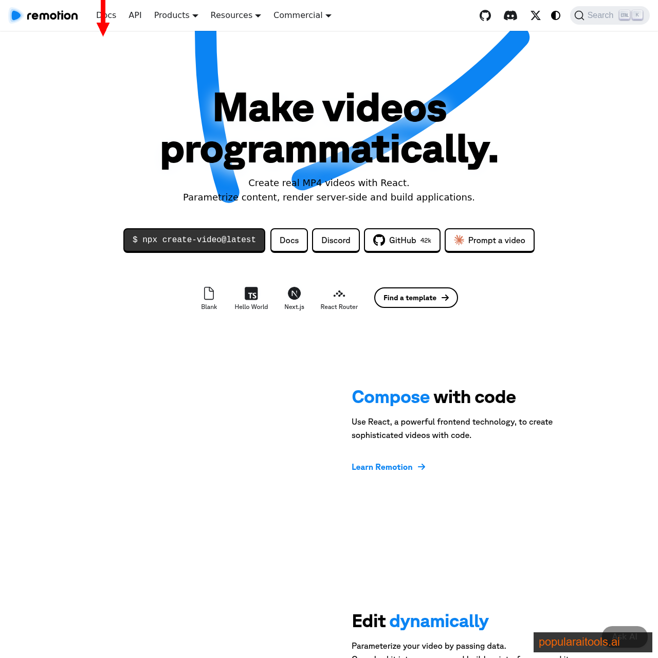 Remotion homepage describing how to create videos programmatically with React components