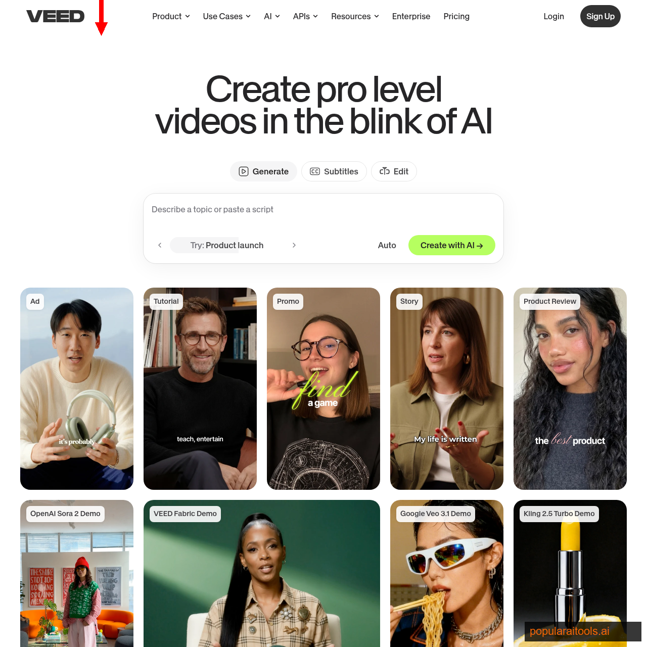 VEED.io homepage showing the browser-based AI video editor used in no-code Shorts factories